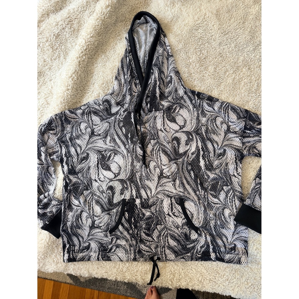 Victoria Sport Mesh Hoodie Womens Medium Black White Marble Swirl Activewear